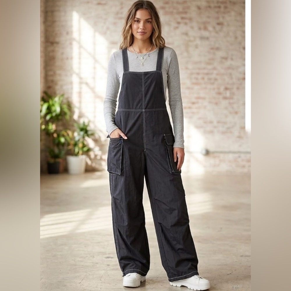 Almost Famous Black Cargo Overalls Size L Adjustable Wide Leg or Jogger